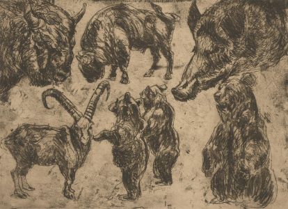 Ronald Olley (b.1923) - c. 2000 Etching, Livestock and Bears