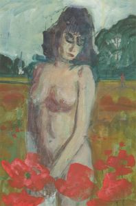 Ronald Olley (b.1923) - 1987 Watercolour, Nude with Poppies