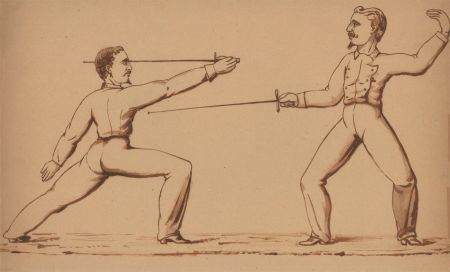 Early 20th Century India Ink - Fencing Match