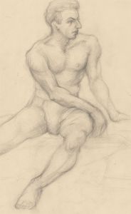 Mid 20th Century Graphite Drawing - Seated Nude Study of a Male