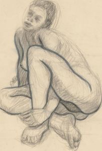 Mid 20th Century Charcoal Drawing - Crouching Nude