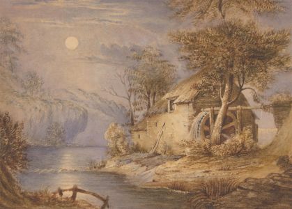 M. Ross - Fine 1839 Watercolour, Moonlight River Scene