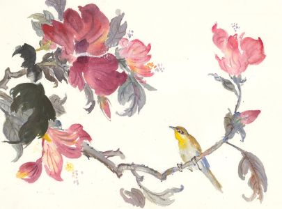 John A. Case - Contemporary Watercolour, Bird Sitting in Pink Flowers