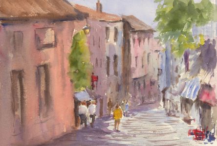 John A. Case - Double Sided Contemporary Watercolour, Walking Through the Street