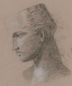 Early 20th Century Charcoal Drawing - Side Profile, Greek Bust
