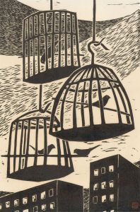 Liu Haiming (b.1954) - Signed 1987 Woodblock, The Caged Birds