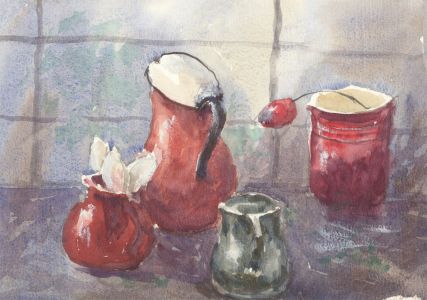 John A. Case - Contemporary Watercolour, Still Life Study with Jugs and a Rose