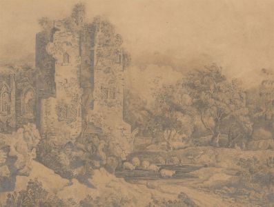 Mid 19th Century Graphite Drawing - Castle Ruin in a Landscape