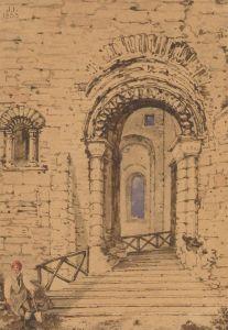J.I - Fine 1839 Pen and Ink Drawing, Figure Outside A Ruin
