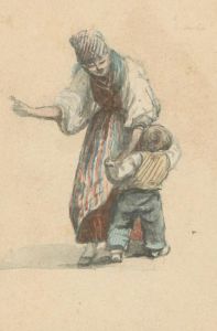 A. Loudet - 1834 Watercolour, Mother and Son