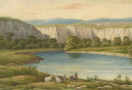 J.C.A. Marston - 1861 Watercolour, Lake Scene with Goats