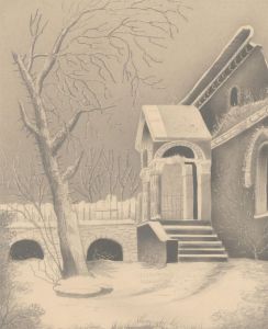 Mid 19th Century Graphite Drawing - Snow Covered Garden