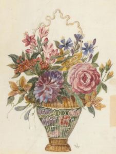 E.V - Mid 19th Century Watercolour, Basket of Flowers