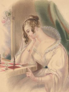 Mid 19th Century Watercolour - Young Lady Playing Chess
