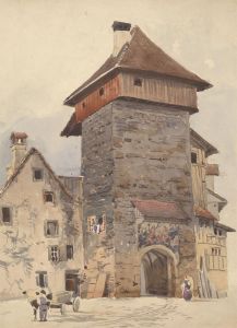 1856 Watercolour - Lucerne, Medieval Gate Tower