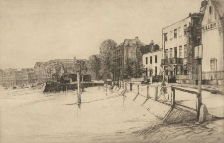 Frank Osler - 1934 Etching, Riverside Street Scene