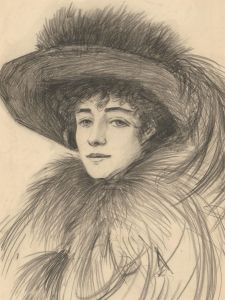 Stanley Ashton - Early 20th Century Charcoal Drawing, Lady with Feather Hat