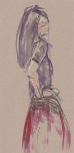 Ann Matthews - 20th Century Pen and Ink Drawing, Lady in a Purple and Pink Dress