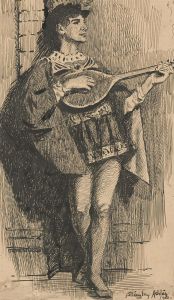 Stanley Ashton - Signed Early 20th Century Pen and Ink Drawing, The Lute Player