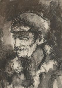 Mid 20th Century Charcoal Drawing - Portrait of a Man with a Flat Cap