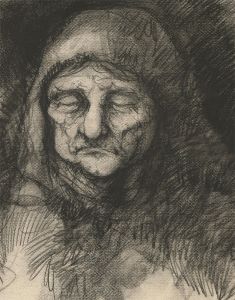 Mid 20th Century Charcoal Drawing - Portrait of an Older Woman with Headscarf