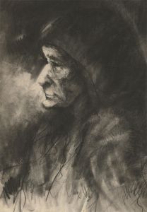 Mid 20th Century Charcoal Drawing - Profile of an Older Woman with Headscarf