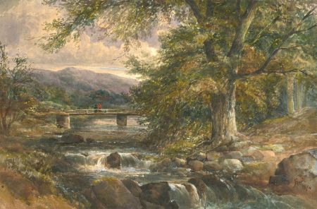 Frederick Davis (fl.1853-1892) - 1874 Watercolour, Figures on the Bridge