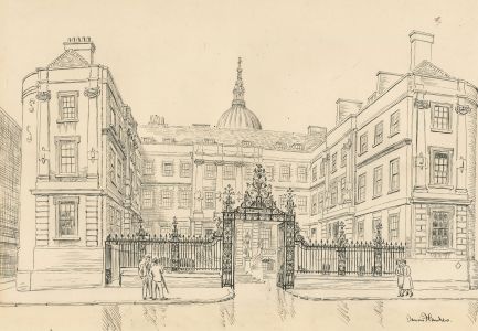 Dennis Flanders RWS, RBA (1915-1994) - Pen and Ink Drawing, Building and Figures