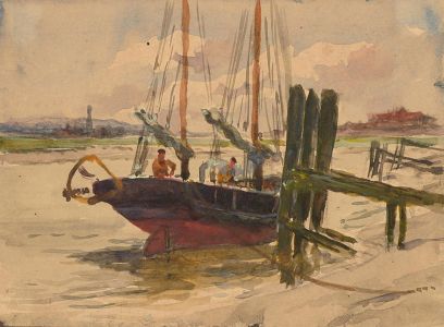 Charles Arthur Hannaford RBA (1887-1972) - Watercolour, River Mooring