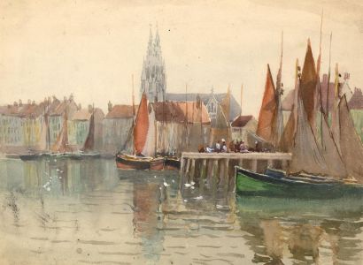 Charles Edward Hannaford RBA (1863-1955) - Watercolour, Busy Town Harbour