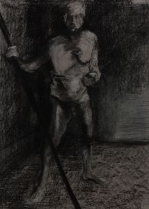 Don Hemming - Signed 2016 Charcoal Drawing, Nude Man with a Long Pole