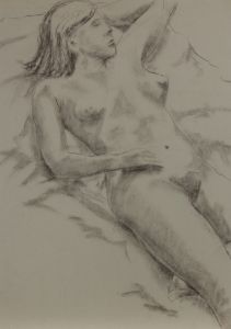 20th Century Charcoal Drawing - Nude Study of a Reclining Lady with Dark Hair