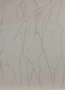20th Century Graphite Drawing - Three Nude Ladies