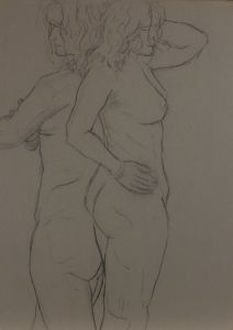 20th Century Charcoal Drawing - Back to Back Nude Study
