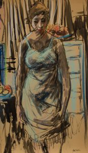 Peter Collins ARCA - Signed c.1970s India Ink, Lady in a Blue Dress