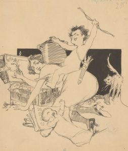 French Early 20th Century Pen and Ink Drawing - Playing with the Children
