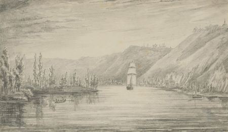 1842 Graphite Drawing - Sailing Ship in a Landscape