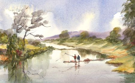 John A. Case - 20th Century Watercolour, Fishing On The River