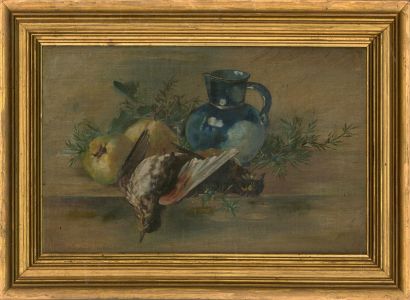 Late 19th Century Oil - Still Life with Game, Fruit and Blue Lustre Jug