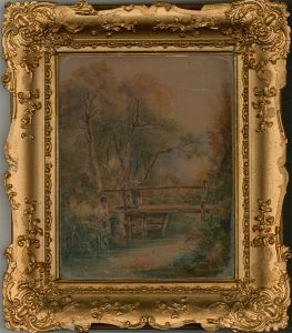 18th Century Watercolour - Children Fishing From The Bridge