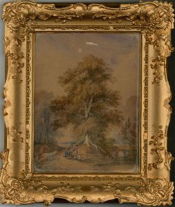 18th Century Watercolour - Travellers Resting On A Log