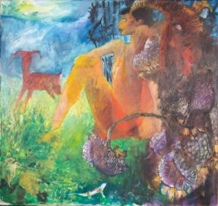 John Ivor Stewart PPPS (1936-2018) - Contemporary Oil, Nude with Purple Flowers