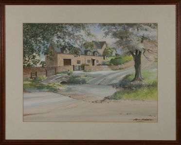 Alfred Moores - Framed 1978 Gouache, Cottage Beside a Stream