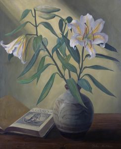 John Matthews - Mid 20th Century Oil, Clement Of Alexandria With Lilies