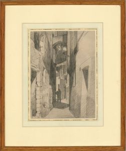 20th Century Charcoal Drawing - Mysterious Street Scene