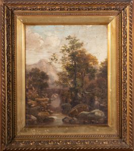 Mid 19th Century Oil - Fishing By The Bridge
