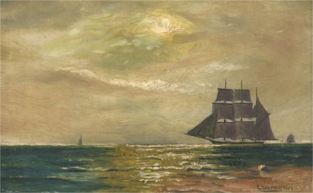 C. Dulmer - 1917 Oil, Ships at Sunset