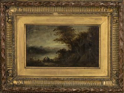 Small 19th Century Oil - Lakeside Woodland Couple
