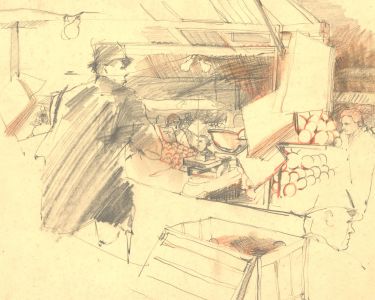 Mid 20th Century Graphite Drawing - Market Sellers