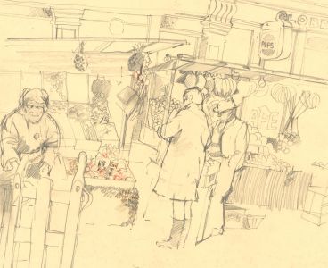 Mid 20th Century Graphite Drawing - At the Market